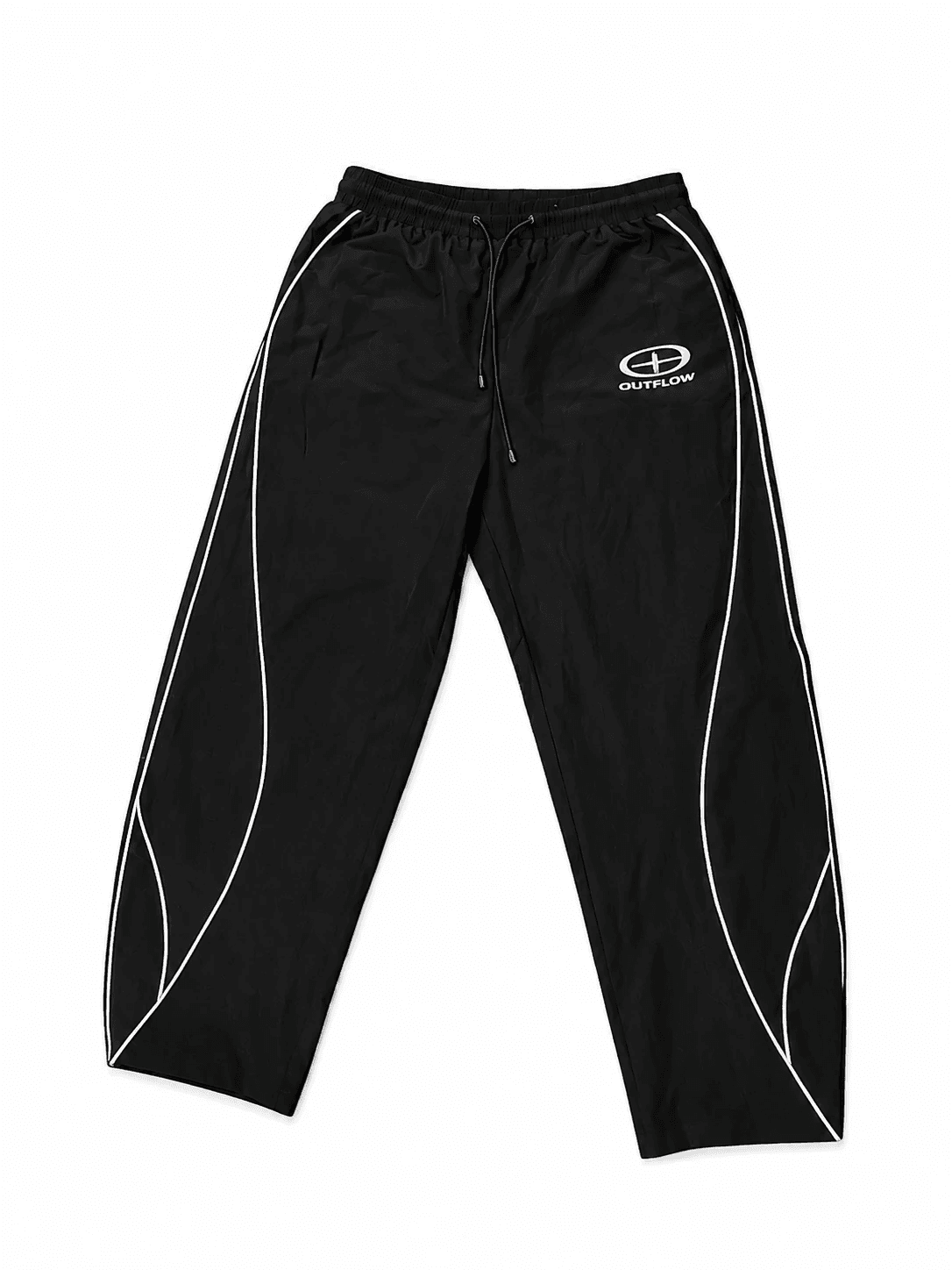 Front view of black OUTFLOW® Reflective Track Pants with reflective piping